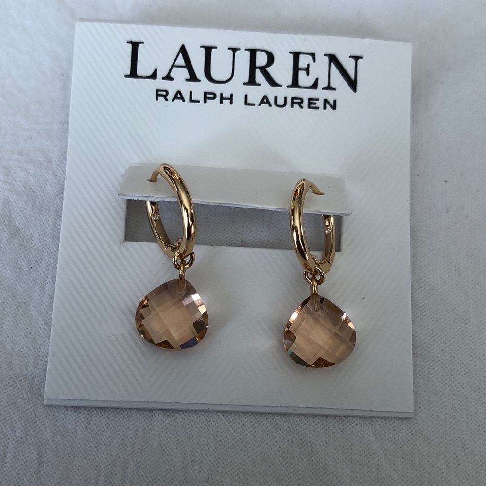 Lauren Ralph Lauren Gold Tone Huggie Hoop Earrings Blush Crystal Charm NWT